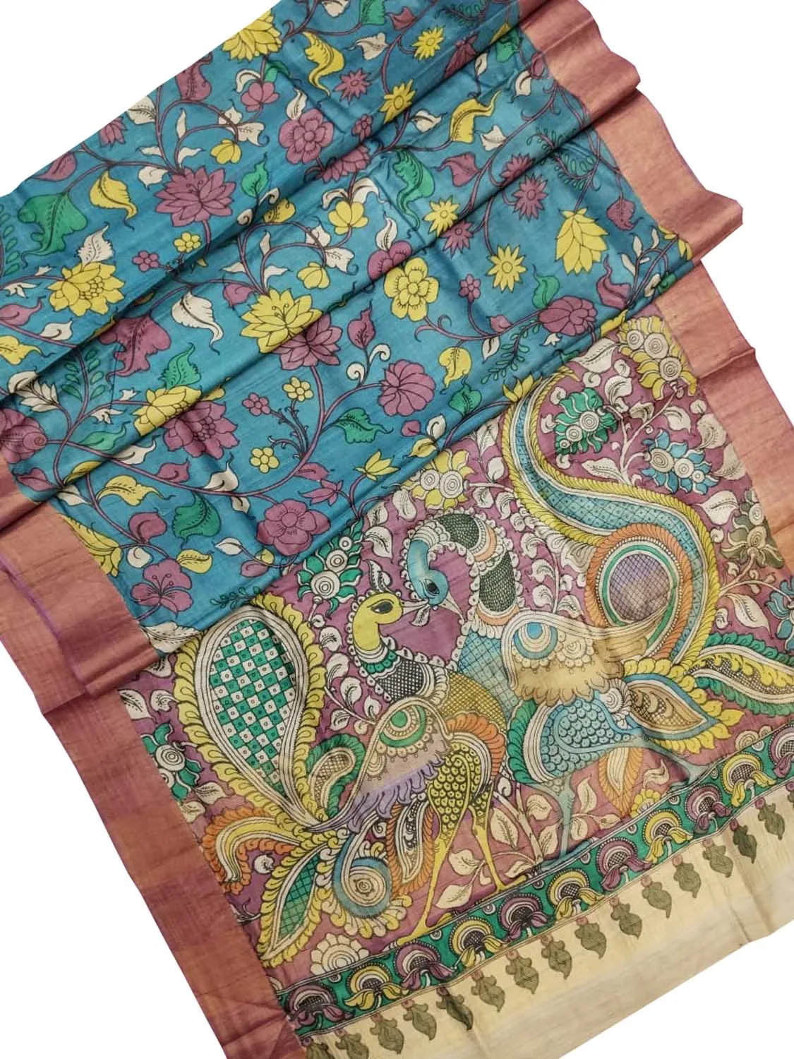 Vibrant Multicolor Hand-Painted Tussar Silk Saree with Kalamkari Design