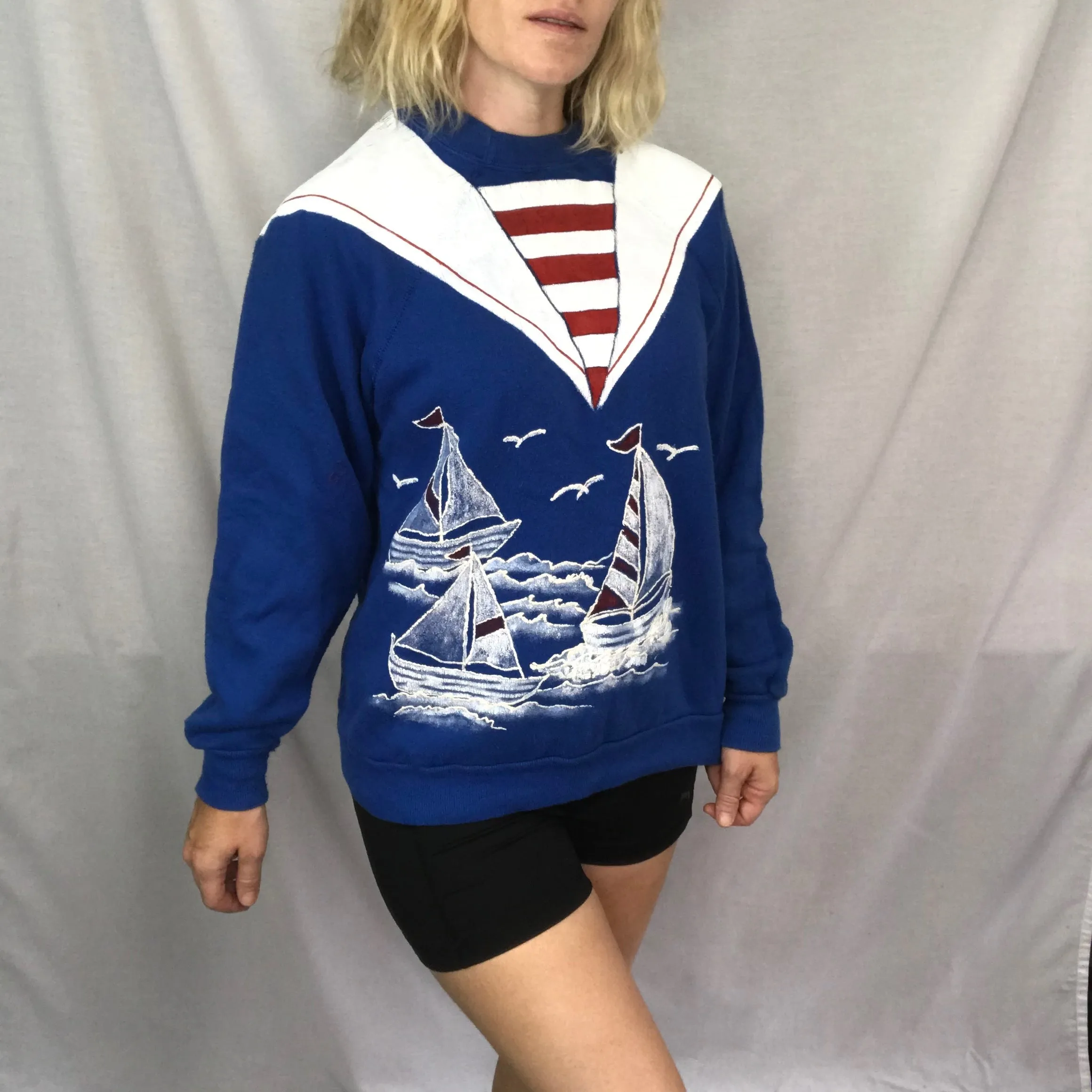 Vintage 80s Hand Painted Puffy Paint One of a Kind Sailor Nautical Sweatshirt L