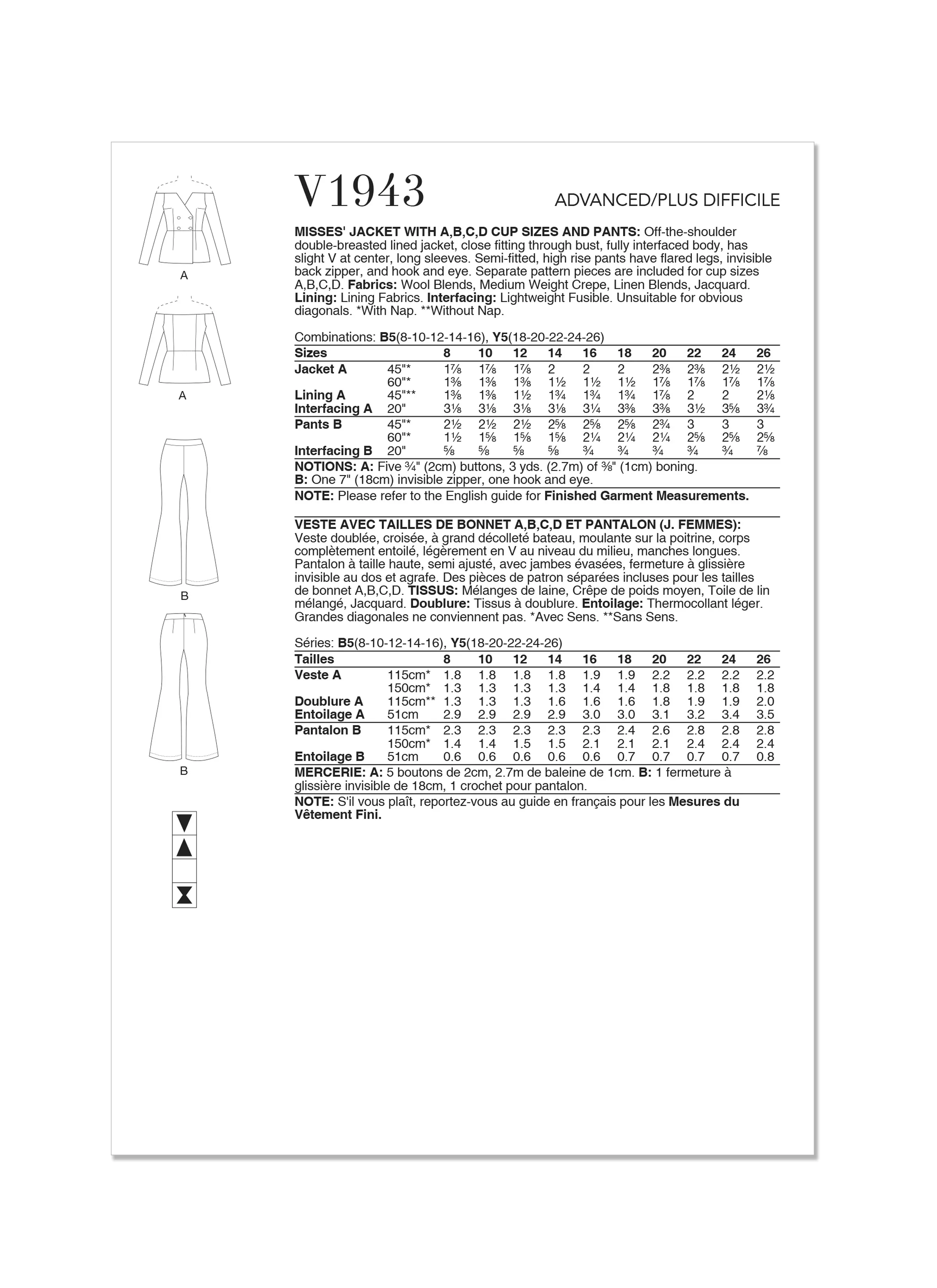 Vogue Sewing Pattern V1943 Misses' Jacket and Pants