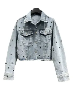 Wenkouban-Winter outfits Christmas Metal Eyelet Washed Blue Short Ripped Denim Jacket