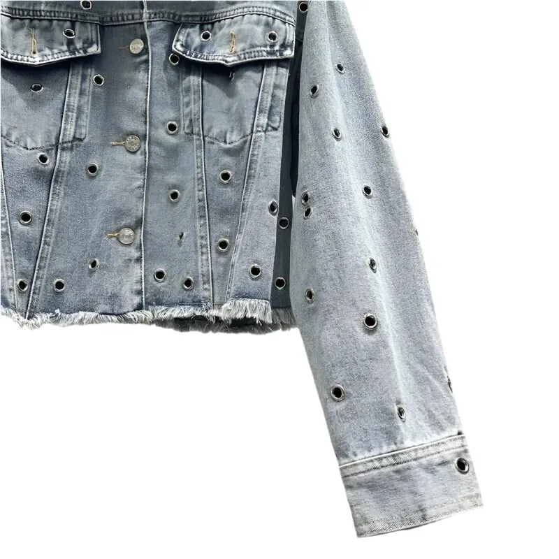 Wenkouban-Winter outfits Christmas Metal Eyelet Washed Blue Short Ripped Denim Jacket