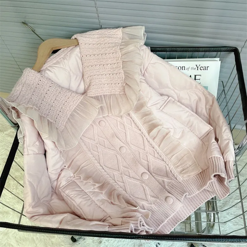 Winter Coquette Dollette Aesthetic Peter Pan Collar Knitted Patchwork Quilted Baby Pink Jacket