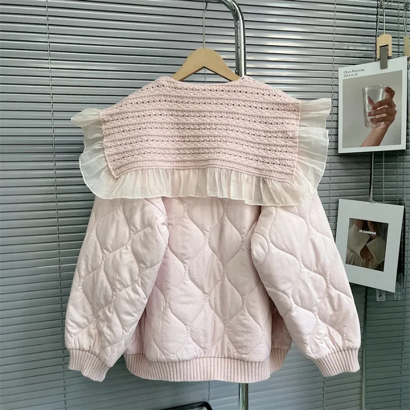 Winter Coquette Dollette Aesthetic Peter Pan Collar Knitted Patchwork Quilted Baby Pink Jacket