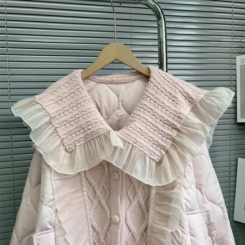 Winter Coquette Dollette Aesthetic Peter Pan Collar Knitted Patchwork Quilted Baby Pink Jacket