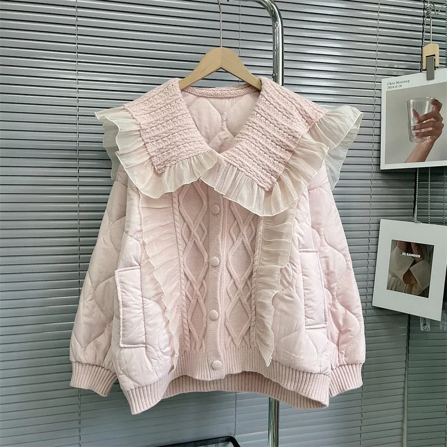 Winter Coquette Dollette Aesthetic Peter Pan Collar Knitted Patchwork Quilted Baby Pink Jacket