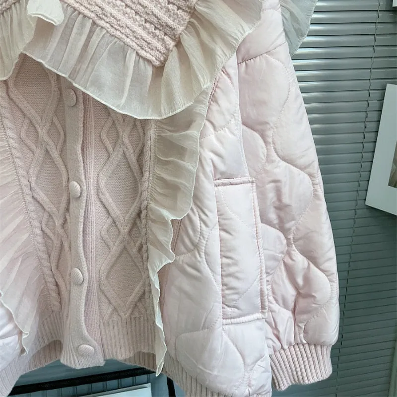 Winter Coquette Dollette Aesthetic Peter Pan Collar Knitted Patchwork Quilted Baby Pink Jacket