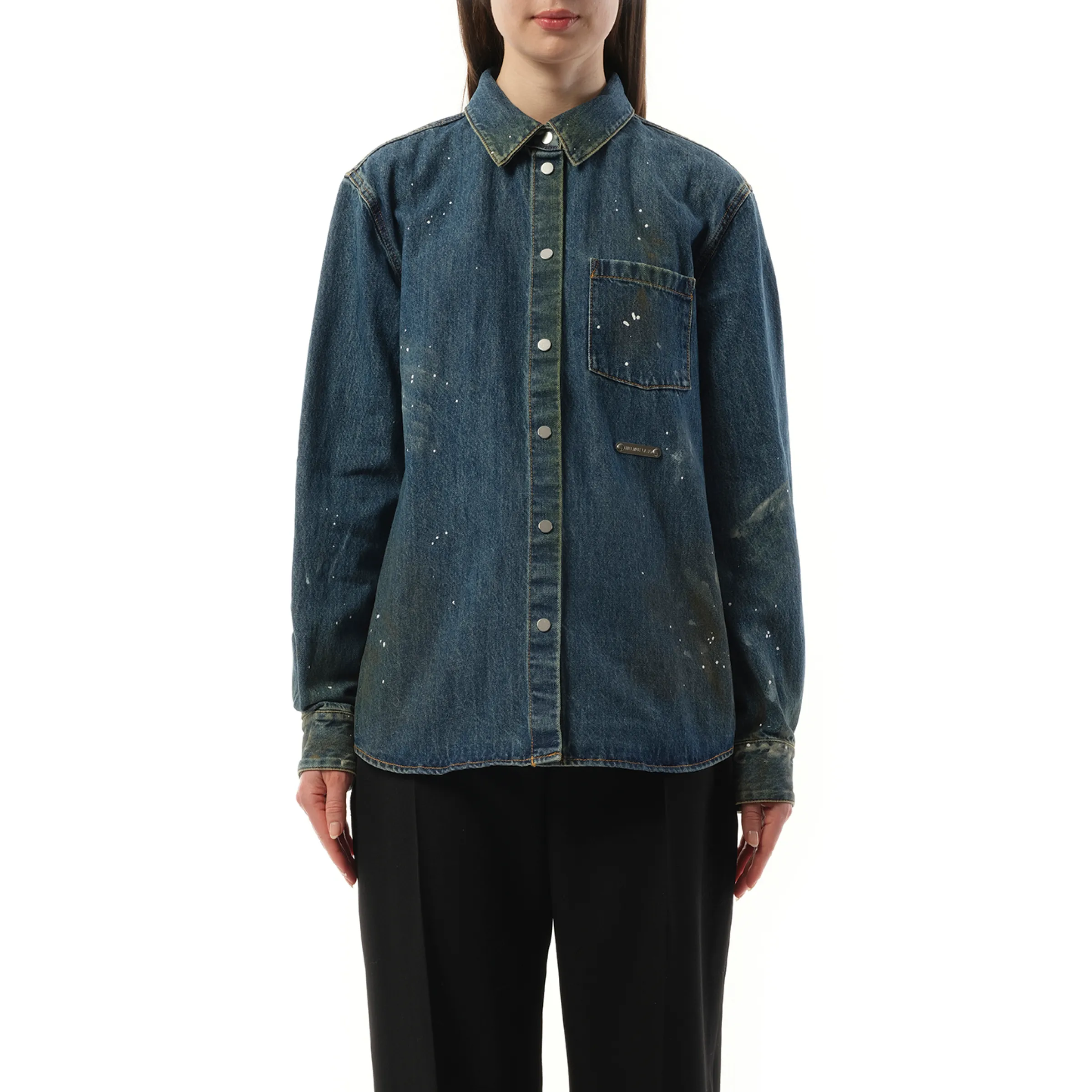 Women Painted Denim Shirt in Mid Indigo