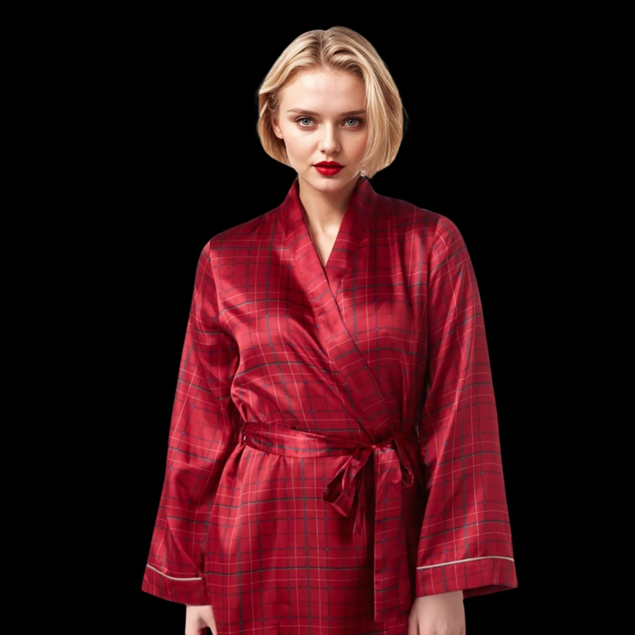 Womens Satin Dressing Gown, Kimono Bathrobe Navy Red Check