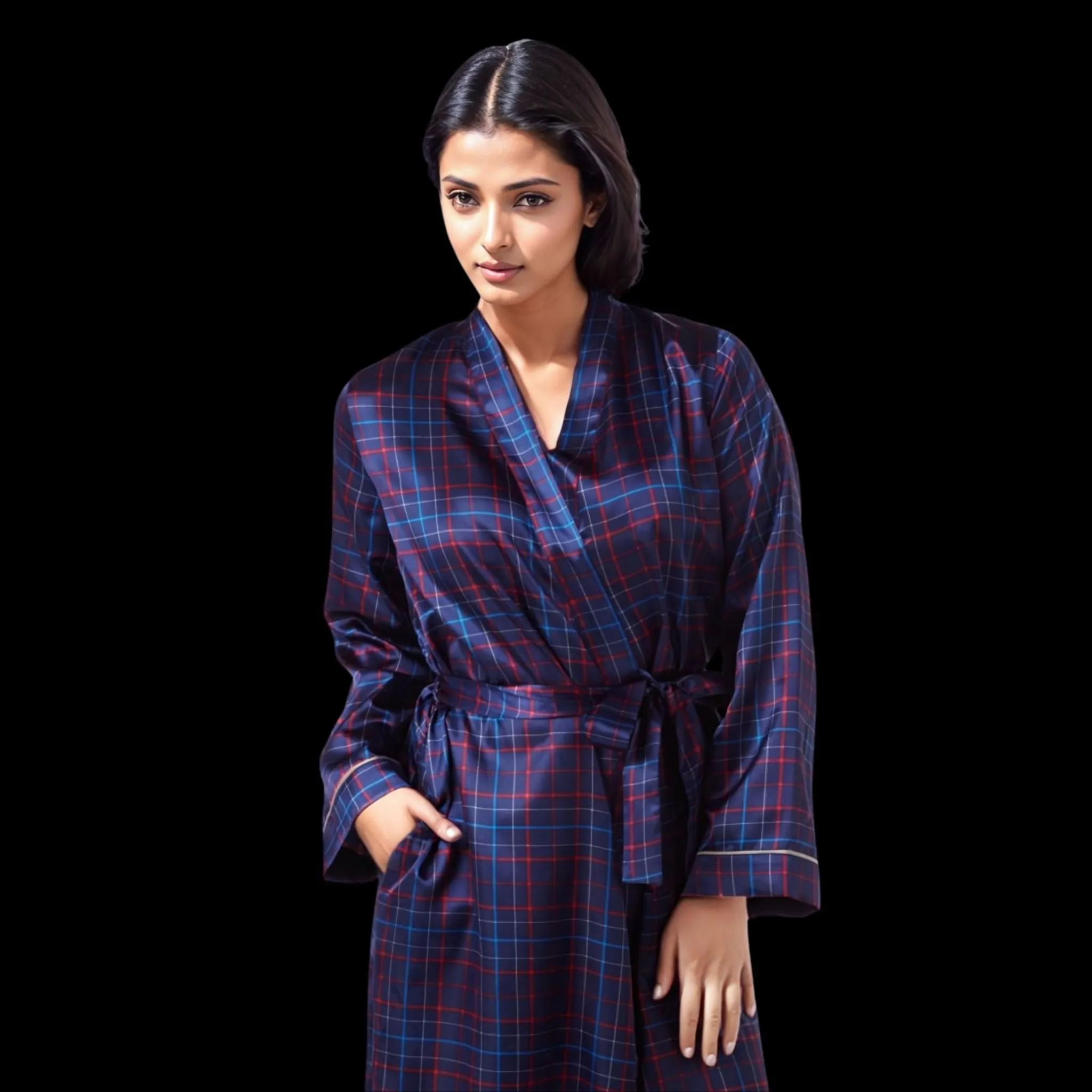 Womens Satin Dressing Gown, Kimono Bathrobe Navy Red Check