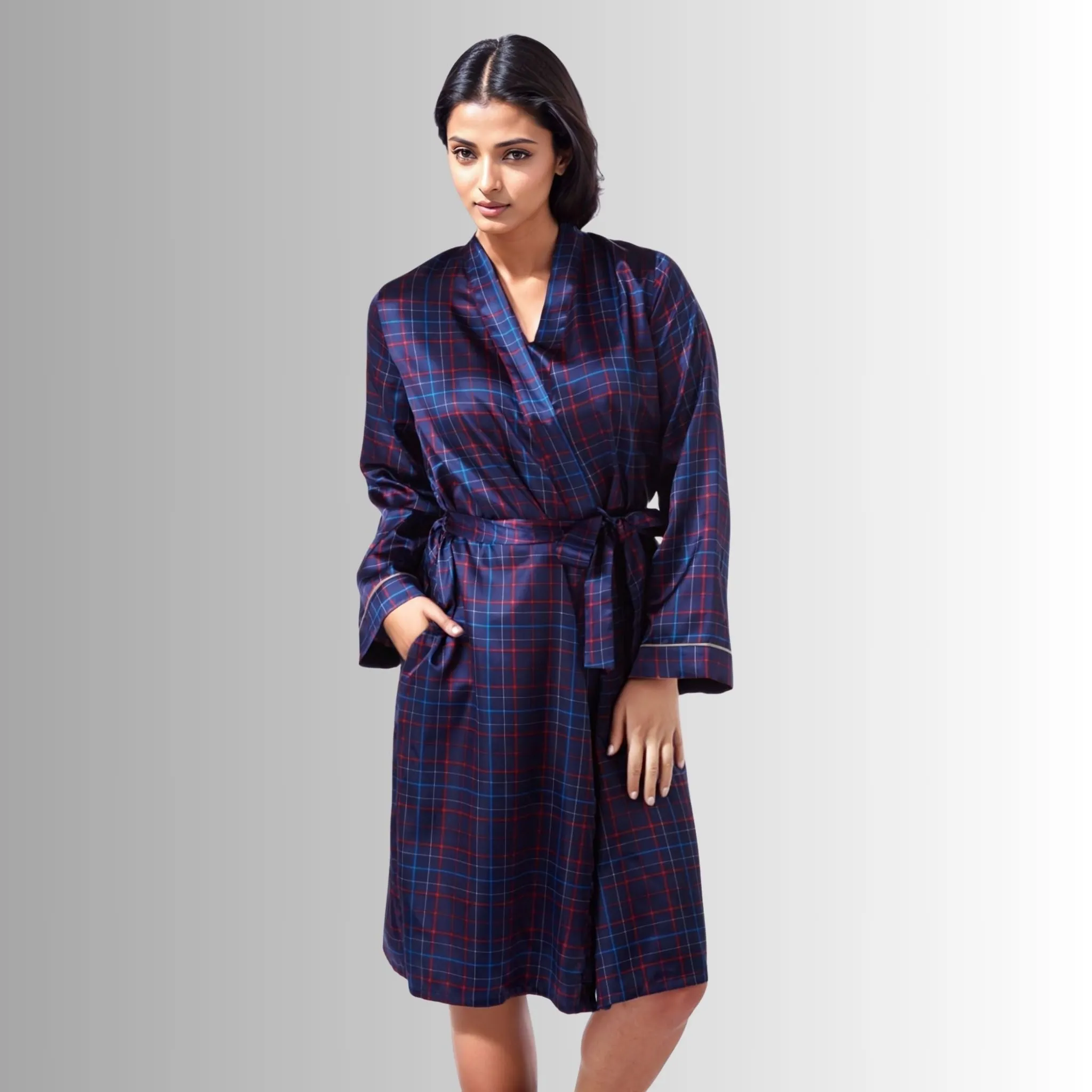 Womens Satin Dressing Gown, Kimono Bathrobe Navy Red Check