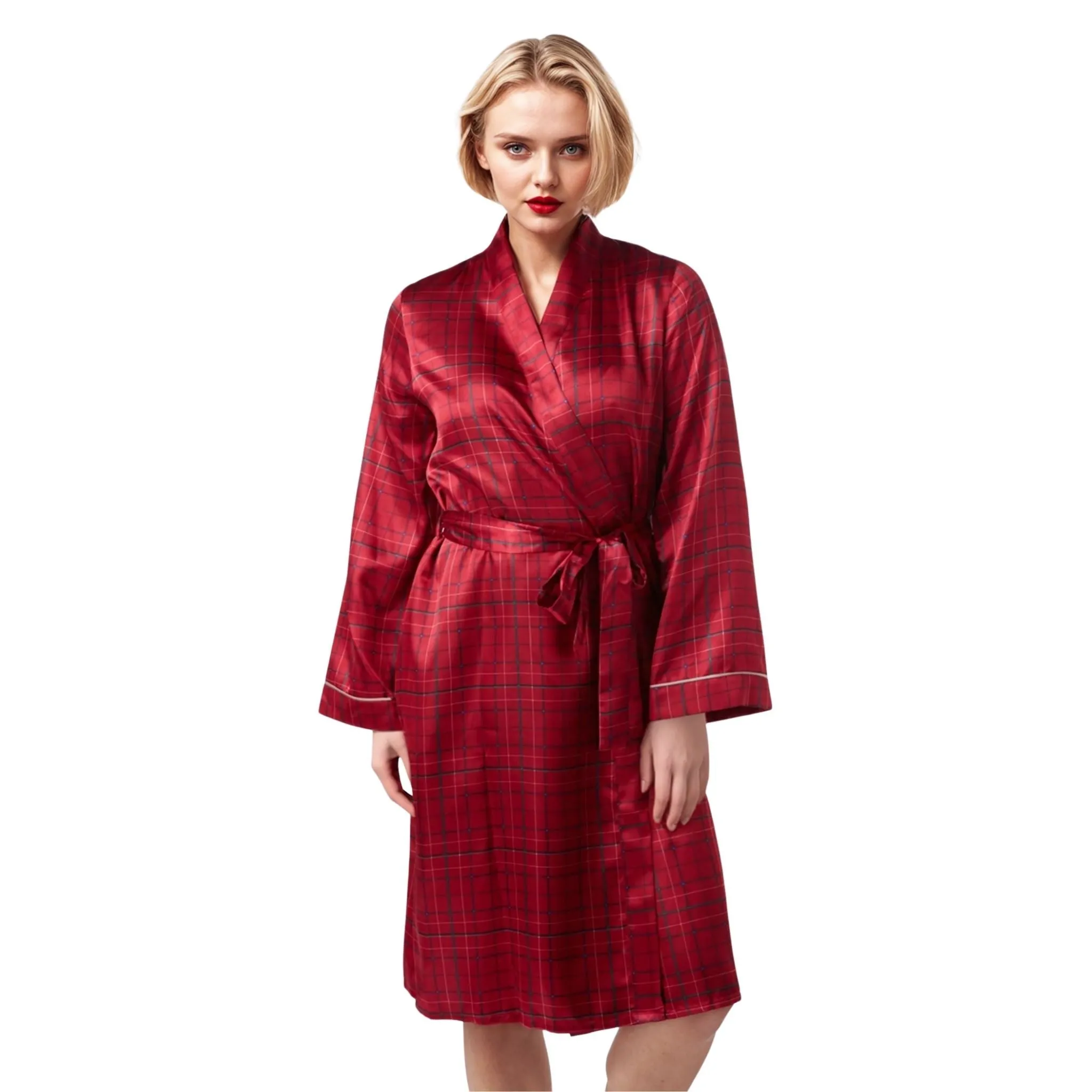 Womens Satin Dressing Gown, Kimono Bathrobe Navy Red Check