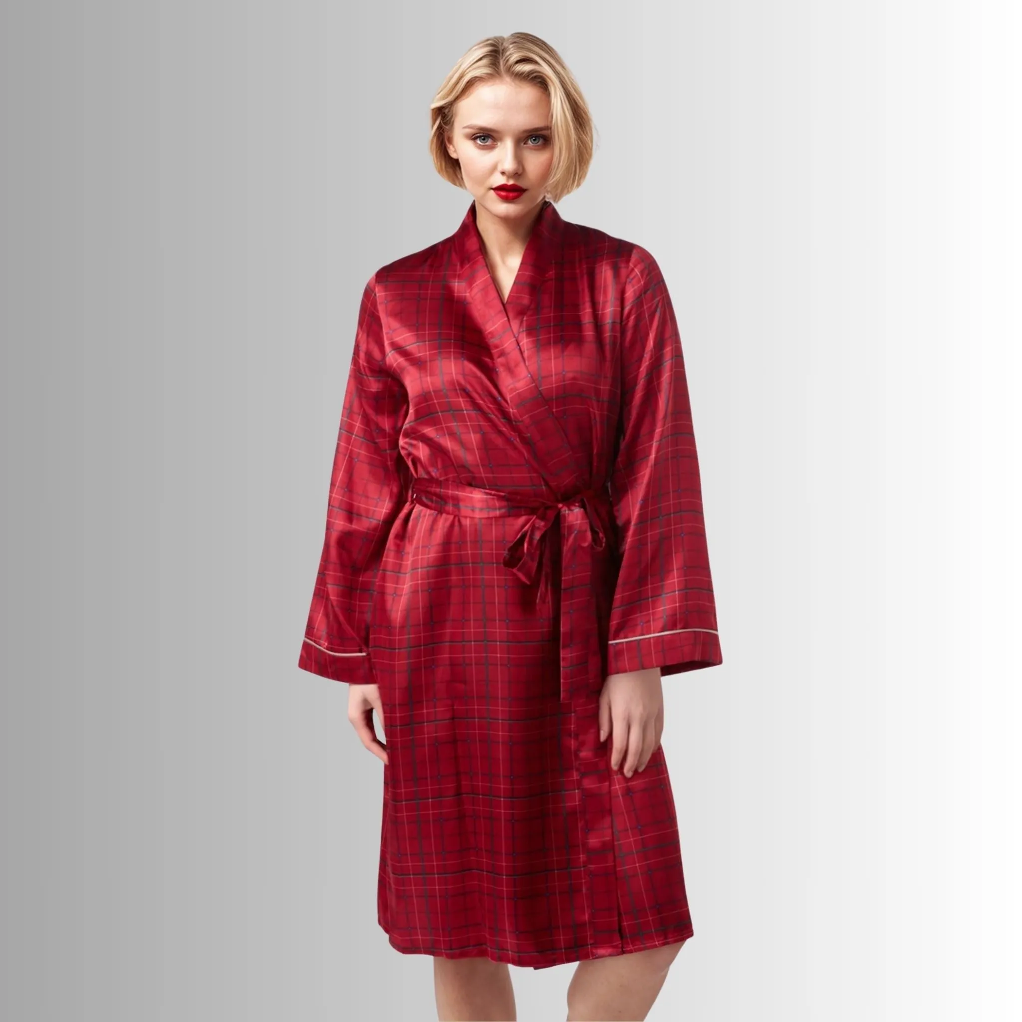 Womens Satin Dressing Gown, Kimono Bathrobe Navy Red Check