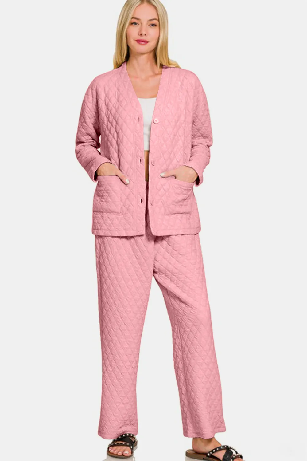 Zenana Quilted Button Up Long Sleeve Top and Pants Lounge Set